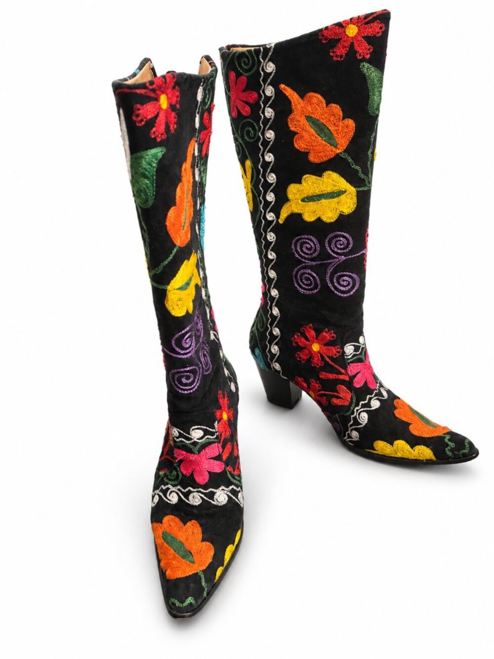 Handmade Thailand Black Floral Embroidered Knee-High Boots